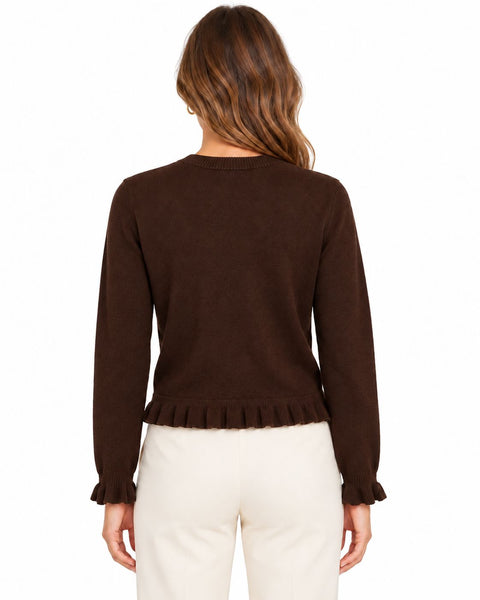 BROWN KNIT FRILL CARDIGAN WITH GOLD BUTTON DETAILS Cardigan CULTURE 