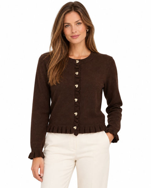 BROWN KNIT FRILL CARDIGAN WITH GOLD BUTTON DETAILS Cardigan CULTURE 