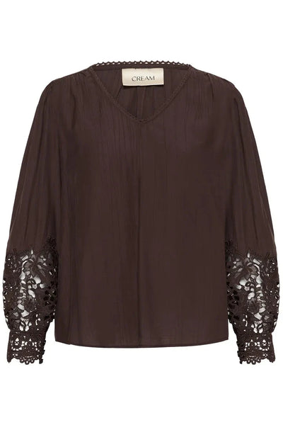 BROWN LACE CUFF V NECK BLOUSE Blouse CREAM 