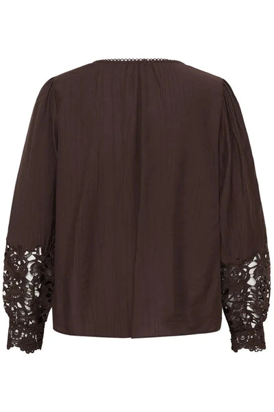 BROWN LACE CUFF V NECK BLOUSE Blouse CREAM 