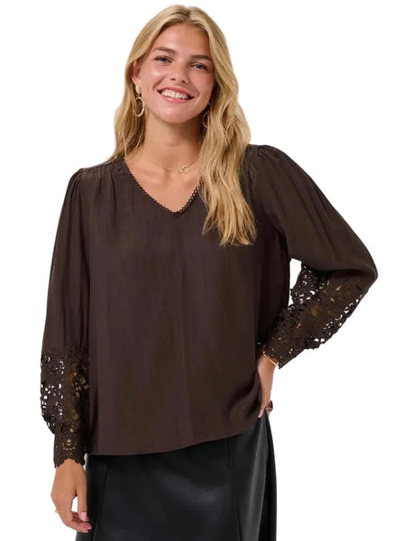 BROWN LACE CUFF V NECK BLOUSE Blouse CREAM 36 Brown 