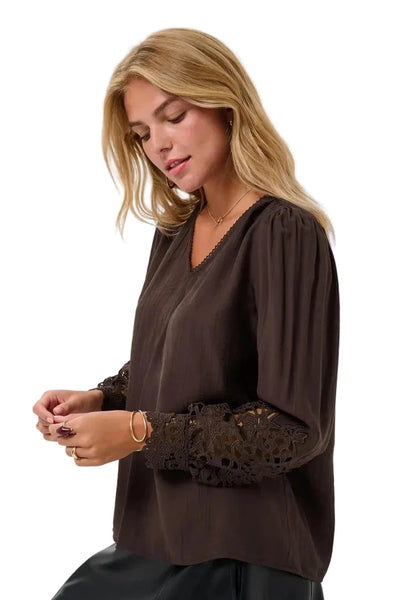 BROWN LACE CUFF V NECK BLOUSE Blouse CREAM 