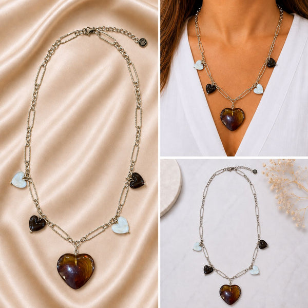 BROWN MIX BIG SMALL HEART NECKLACE Necklaces FashionWear Collection 