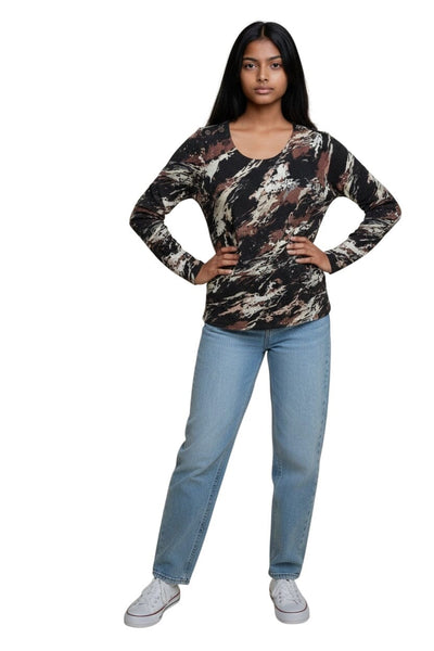 BROWN MIX BUTTON SHOULDER DETAIL TOP Top Bali 