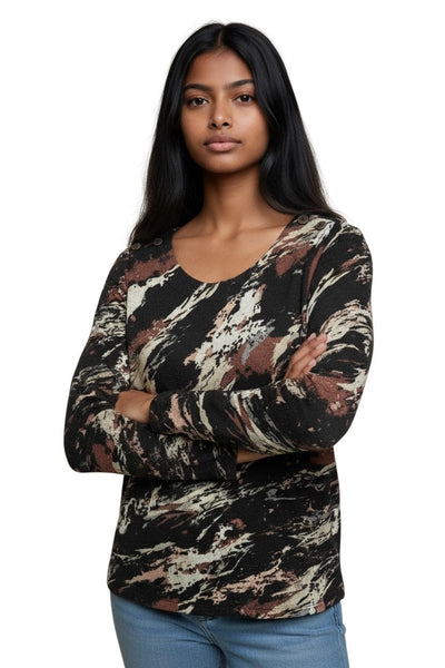 BROWN MIX BUTTON SHOULDER DETAIL TOP Top Bali 