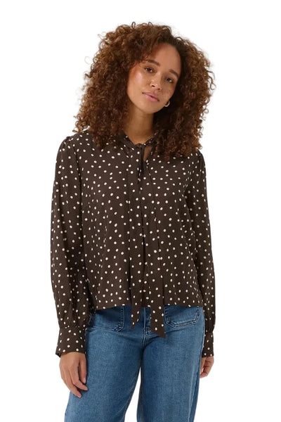 BROWN POLKA DOT BLOUSE WITH FRONT TIE Blouse Kaffe 34 Brown 