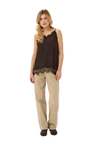 BROWN SATIN TANK WITH LACE NECKLINE AND LACE HEM Shirts & Tops CREAM 