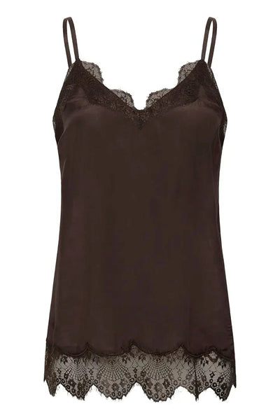 BROWN SATIN TANK WITH LACE NECKLINE AND LACE HEM Shirts & Tops CREAM 