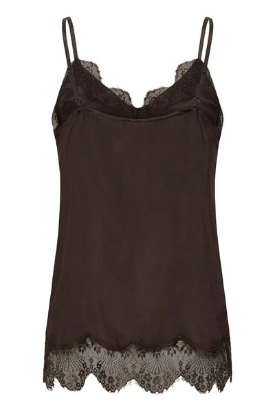 BROWN SATIN TANK WITH LACE NECKLINE AND LACE HEM Shirts & Tops CREAM 