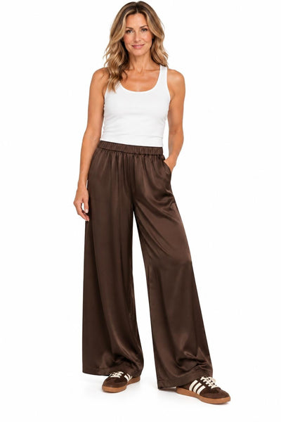 BROWN SATIN WIDE LEG ELASTIC WAIST PANT Pants Pistache S Brown 