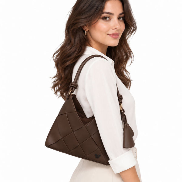 BROWN VEGAN LEATHER WOVEN HANDBAG WITH SEPARATE INSERT Handbag Prenelove 