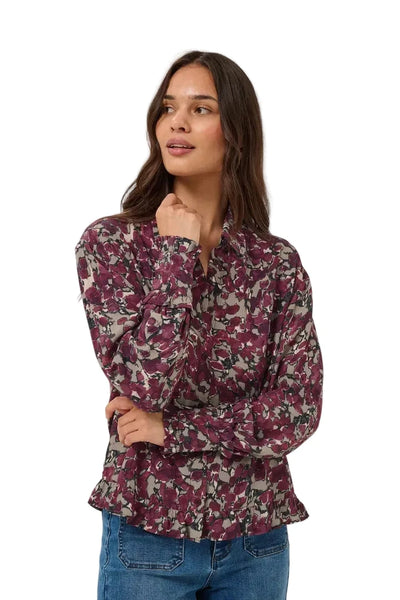 BURGUNDY ABSTRACT FLORAL BUTTON DOWN BLOUSE Top KAFFE 