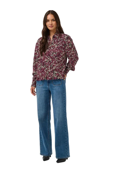 BURGUNDY ABSTRACT FLORAL BUTTON DOWN BLOUSE Top KAFFE 