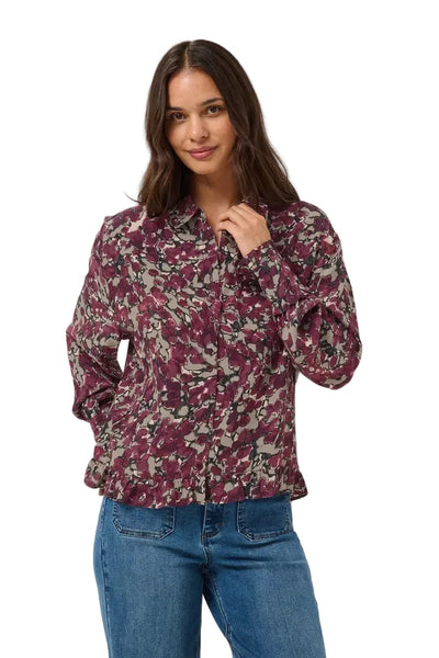 BURGUNDY ABSTRACT FLORAL BUTTON DOWN BLOUSE Top KAFFE 34 Burgundy 