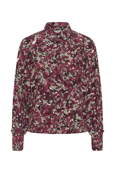 BURGUNDY ABSTRACT FLORAL BUTTON DOWN BLOUSE Top KAFFE 