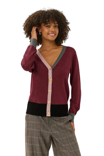 BURGUNDY COLORBLOCK CARDIGAN WITH CHARM BUTTONS Cardigan CULTURE 
