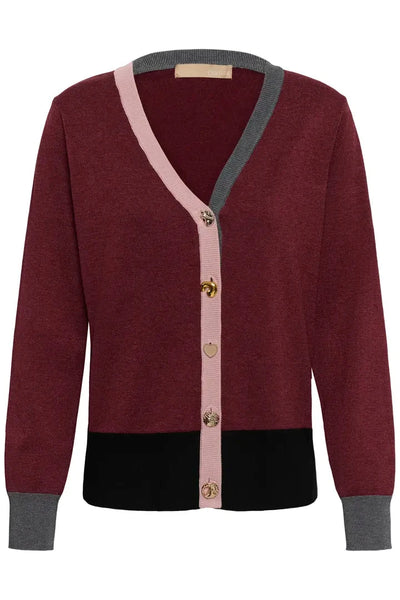 BURGUNDY COLORBLOCK CARDIGAN WITH CHARM BUTTONS Cardigan CULTURE 
