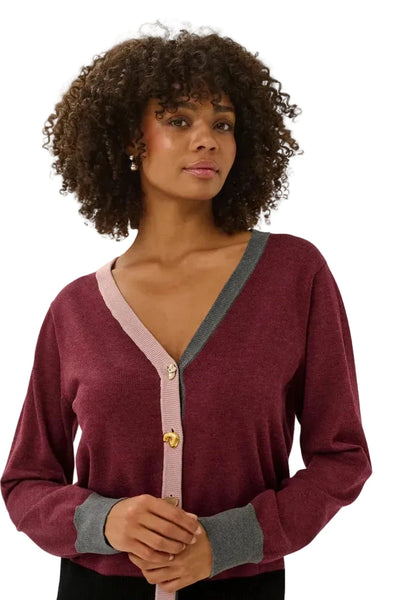 BURGUNDY COLORBLOCK CARDIGAN WITH CHARM BUTTONS Cardigan CULTURE 