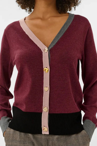 BURGUNDY COLORBLOCK CARDIGAN WITH CHARM BUTTONS Cardigan CULTURE XS Burgundy 