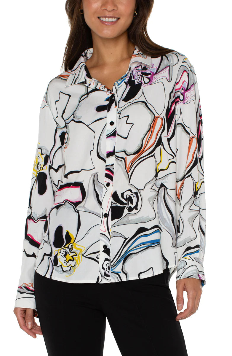 BUTTON UP ABSTRACT FLORAL PRINT BLOUSE Blouse Liverpool S White/Black 