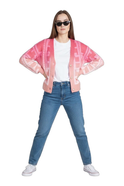 BUTTON UP PINK BEIGE FUZZY CARDIGAN WITH PEARL BUTTONS Sweater NIKKY 