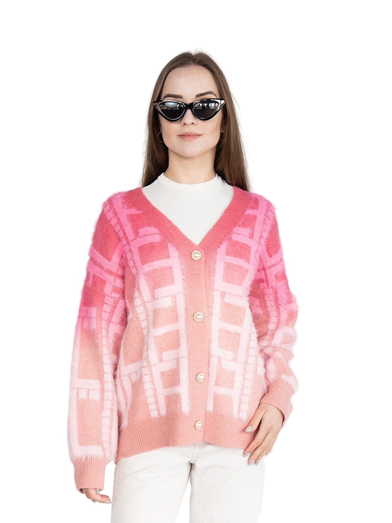 BUTTON UP PINK V NECK FUZZY CARDIGAN WITH PEARL BUTTONS Sweater NIKKY 