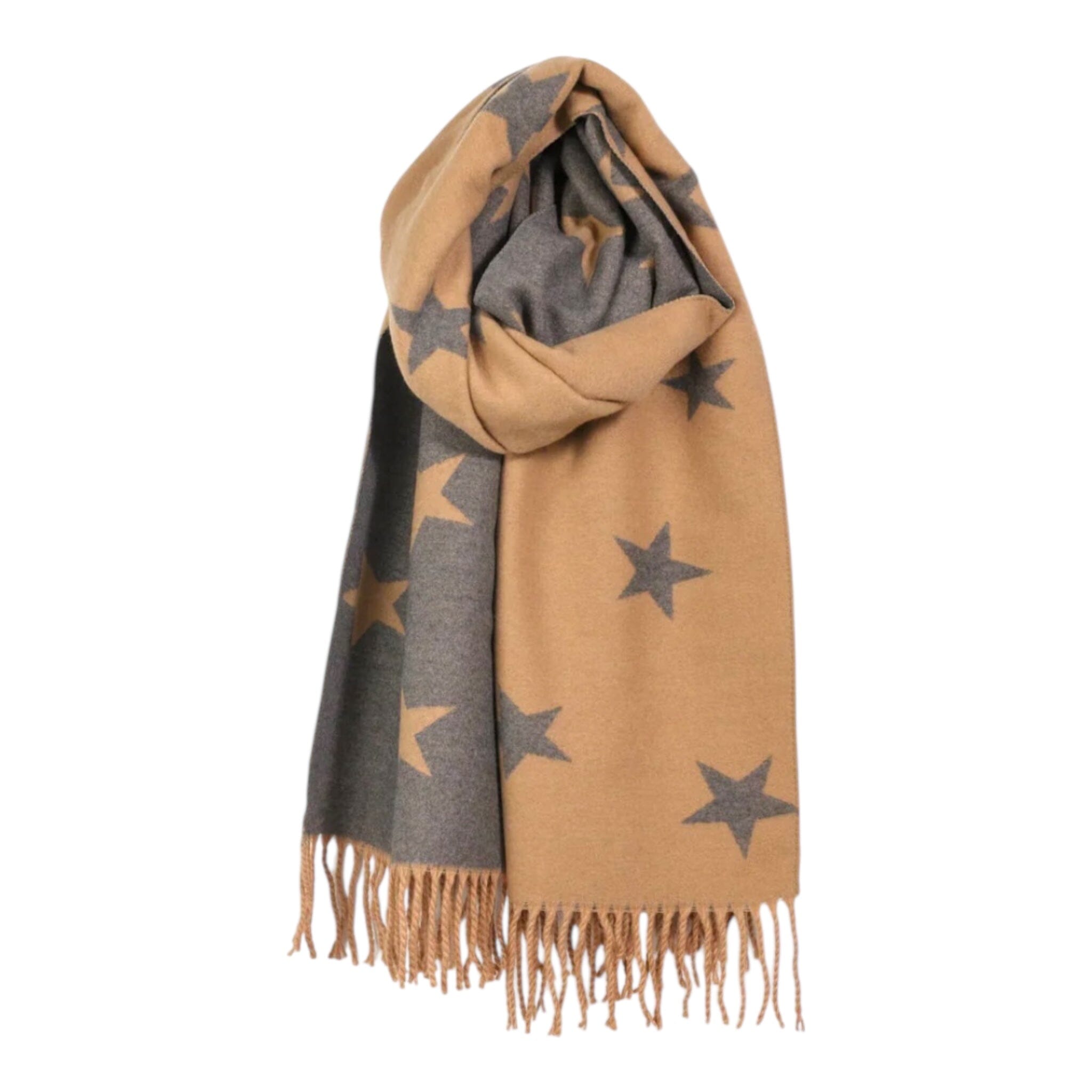 CAMEL CHARCOAL STAR REVERSIBLE TASSEL SCARF Scarf FashionWear Canada Camel/Charcoal 