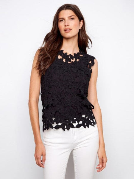 CAP SLEEVE BLACK CROCHET TOP Shirts & Tops Charlie B 