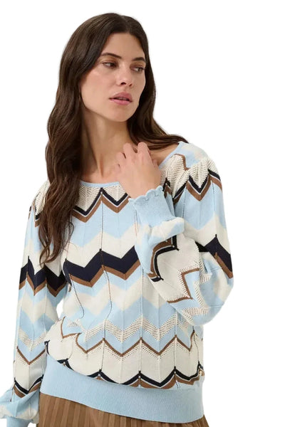 CASHMERE BLUE ZIGZAG KNIT CREW NECK SWEATER Sweater CREAM S Blue 