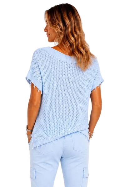 CERULEAN BLUE OPEN KNIT LINED DISTRESSED NECKLINE TOP Shirts & Tops Made In Italy 