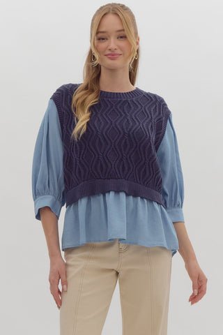 CHAMBRAY SHIRT WITH ATTACHED OPEN BACK TIE BACK VEST SWEATER FashionWear Collection 