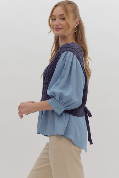 CHAMBRAY SHIRT WITH ATTACHED OPEN BACK TIE BACK VEST SWEATER FashionWear Collection 