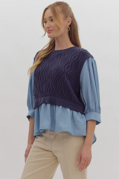 CHAMBRAY SHIRT WITH ATTACHED OPEN BACK TIE BACK VEST SWEATER FashionWear Collection S Light Blue/Navy 