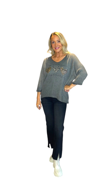 CHARCOAL METALLIC HEART LEOPARD LOOSE OPEN KNIT SWEATER Sweater Karma 