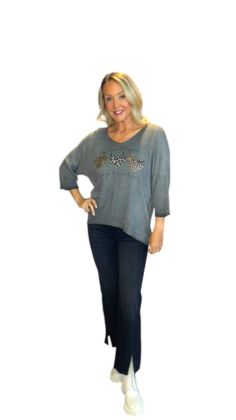 CHARCOAL METALLIC HEART LEOPARD LOOSE OPEN KNIT SWEATER Sweater Karma 