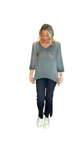 CHARCOAL METALLIC HEART LEOPARD LOOSE OPEN KNIT SWEATER Sweater Karma 