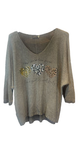 CHARCOAL METALLIC HEART LEOPARD LOOSE OPEN KNIT SWEATER Sweater Karma OS Charcoal 