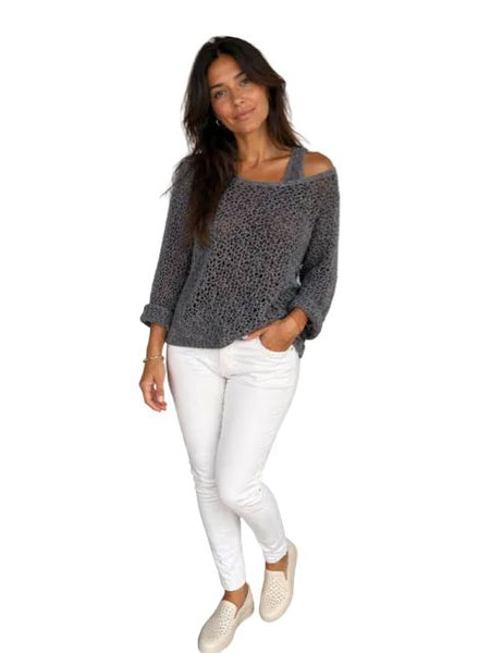 CHARCOAL OPEN KNIT CROCHET TOP Top FashionWear Collection One Size Charcoal 