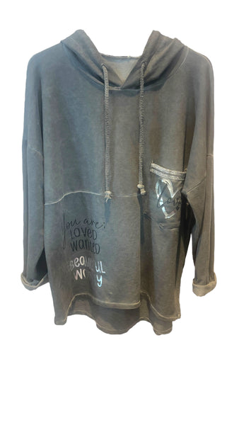 CHARCOAL SILVER HEART BEAUTIFUL COTTON HOODY Sweater Karma 