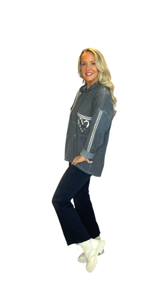 CHARCOAL SILVER HEART BEAUTIFUL COTTON HOODY Sweater Karma 