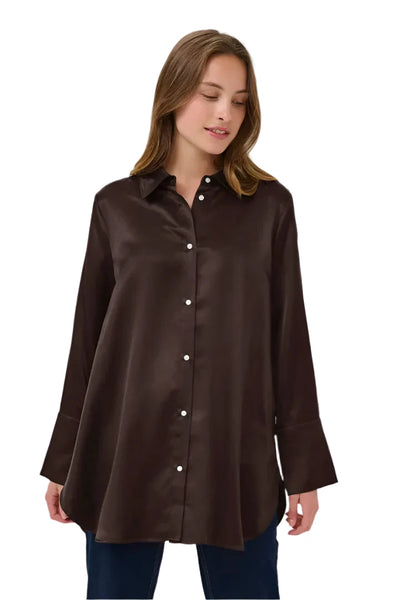 COFFEE SATIN LIKE BUTTON DOWN BLOUSE Blouse Culture 