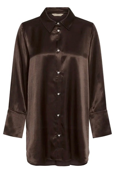 COFFEE SATIN LIKE BUTTON DOWN BLOUSE Blouse Culture 