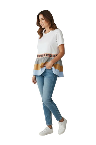 COLOR BLOCK PEPLUM T WITH EMBROIDERY TRIM Shirts & Tops Elissia 