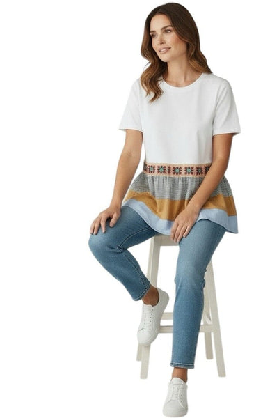 COLOR BLOCK PEPLUM T WITH EMBROIDERY TRIM Shirts & Tops Elissia 