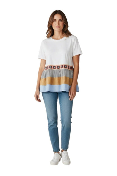 COLOR BLOCK PEPLUM T WITH EMBROIDERY TRIM Shirts & Tops Elissia S/M White 