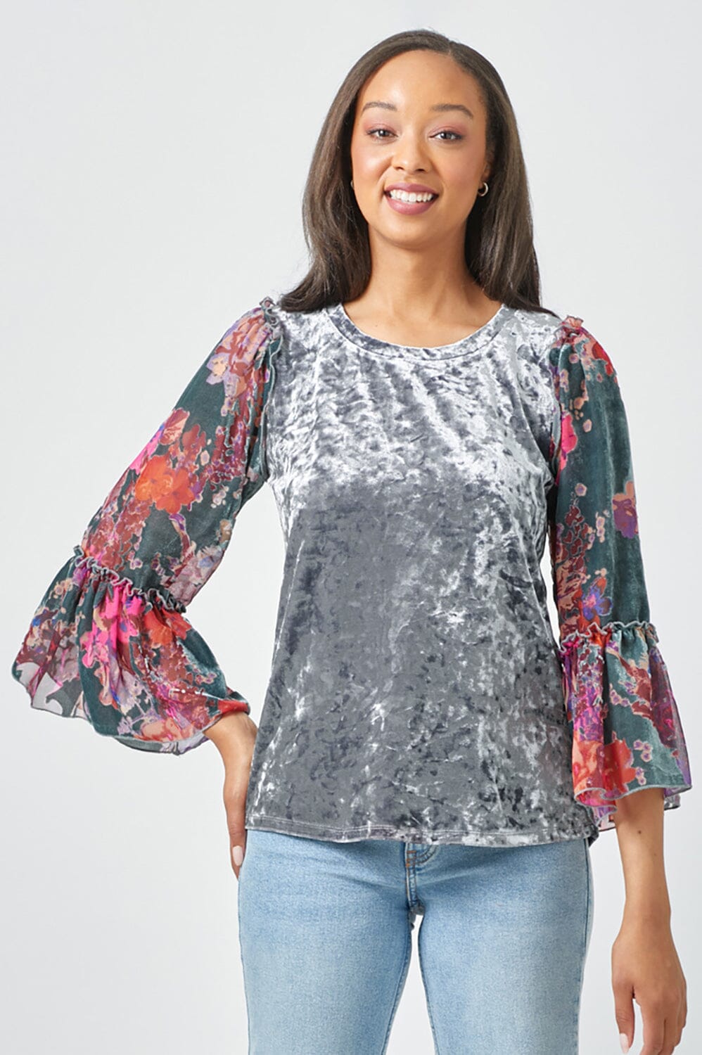 CONTRAST FLORAL SHEER SLEEVE GREY VELOUR TOP Top FashionWear Collection S Grey/Multi 
