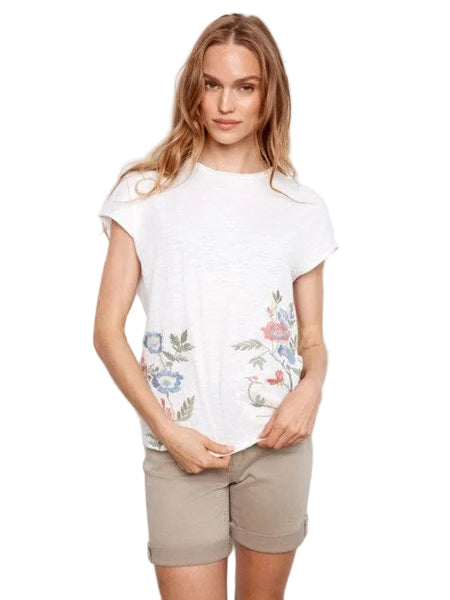 COTTON CAP SLEEVE FLORAL EMBROIDERY TOP T Shirts & Tops Charlie B S White P345 