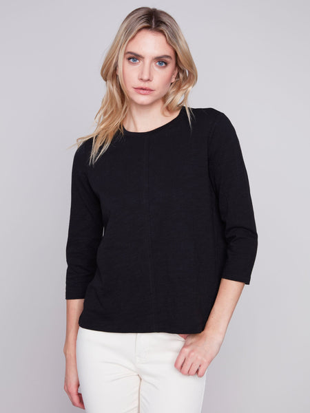 COTTON ELBOW SLEEVE BLACK KNIT TOP Top Charlie B. 