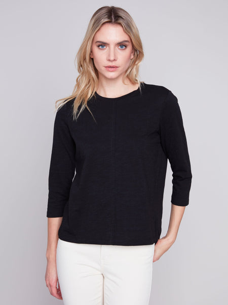 COTTON ELBOW SLEEVE BLACK KNIT TOP Top Charlie B. 