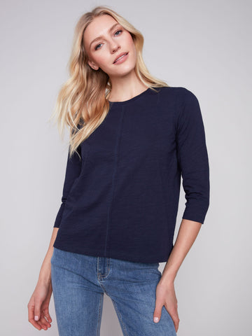 COTTON ELBOW SLEEVE NAVY KNIT TOP Top Charlie B. 
